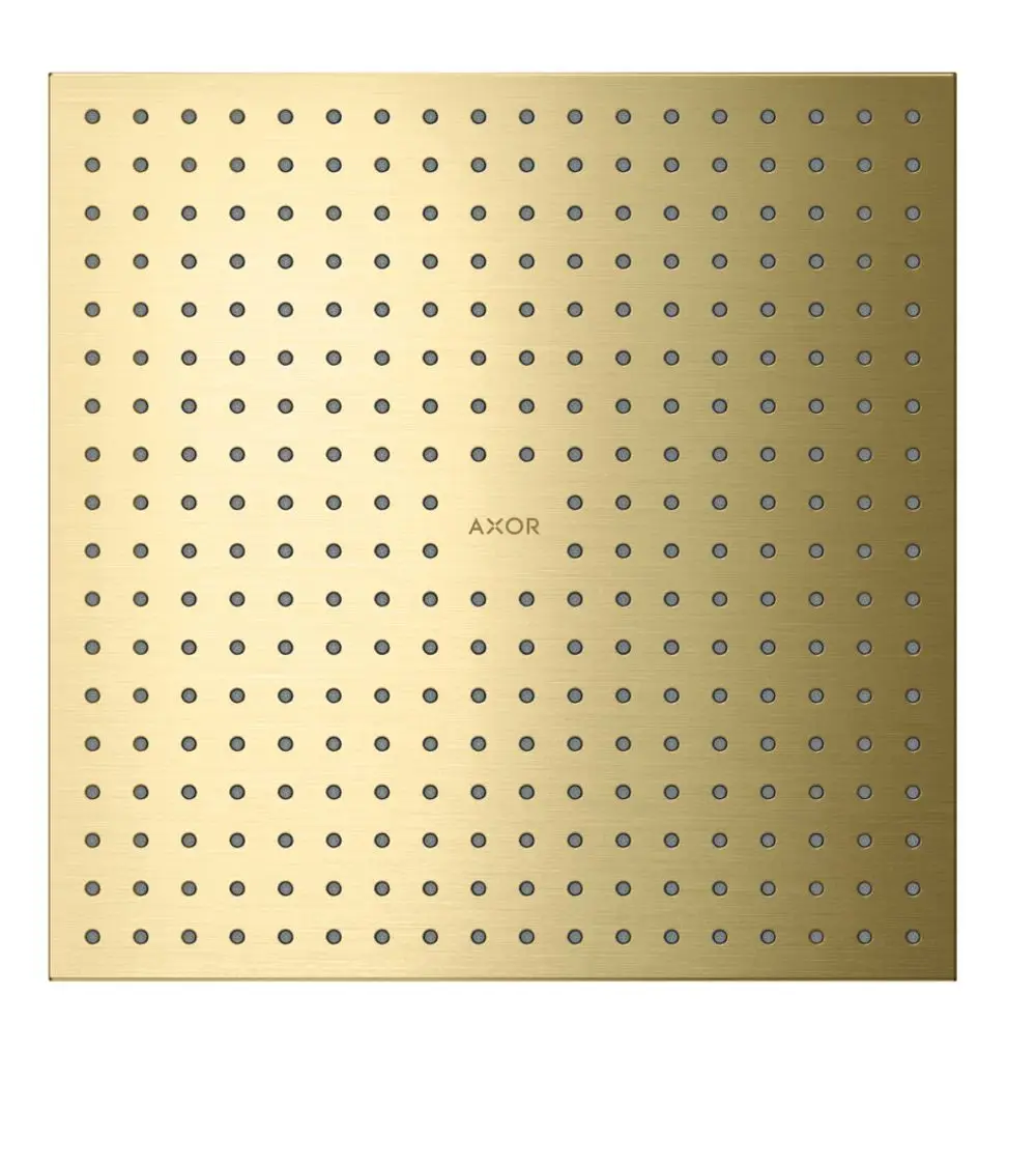 Kopfbrause in gebürstetem Messing mit gleichmäßig verteilten Düsen. Markenzeichen "AXOR" sichtbar in der Mitte. Design für Deckenmontage.